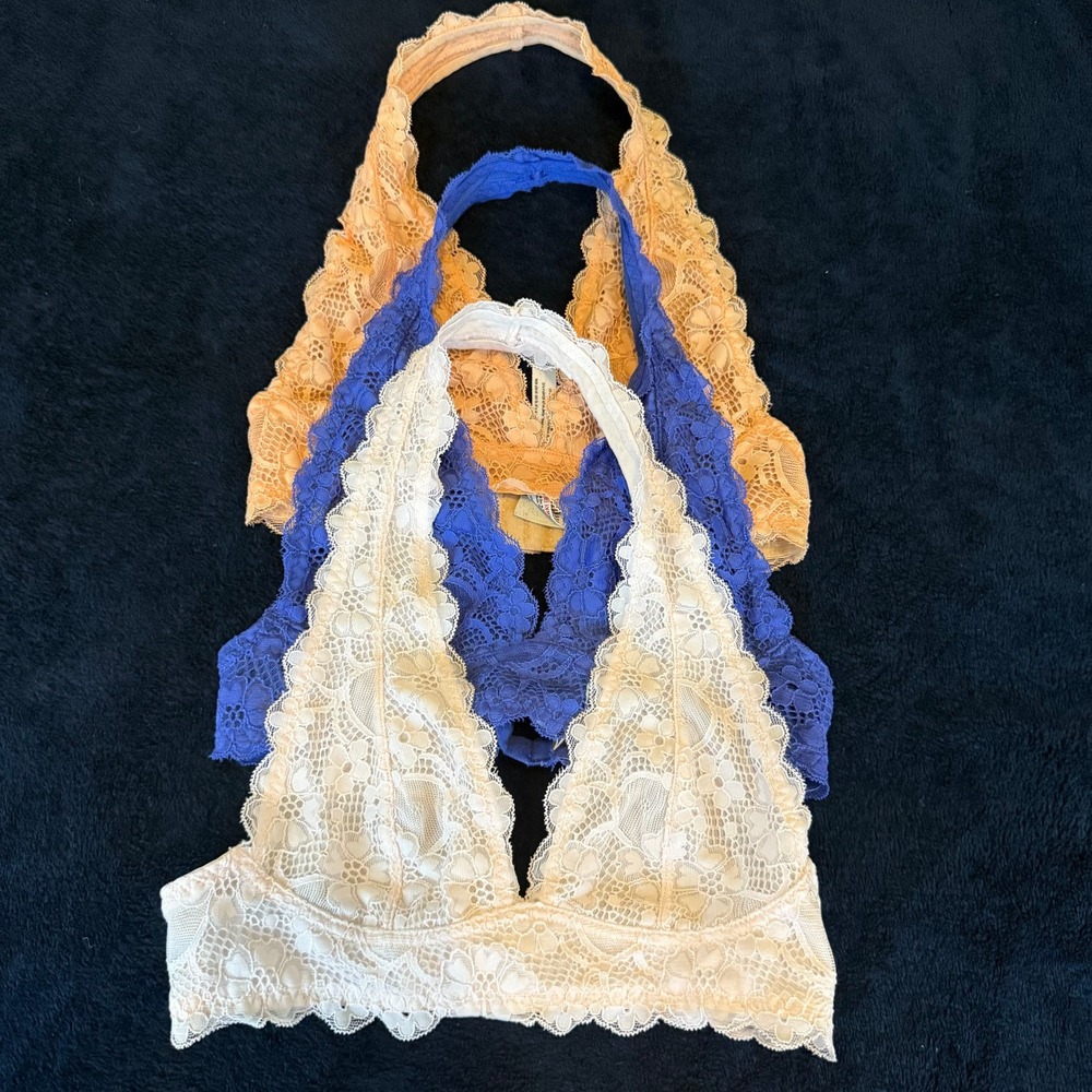Free People Intimately‎ Lace Halter Bralette Bundle 3 Pack Blue Cream Orange XS
